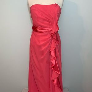 Strapless pink with ruffle cascade formal gown